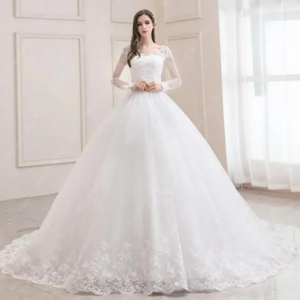 Best Selling 2024 Long Sleeve V Neck Lace Wedding Dress 2025 Vintage Bride Bridal Ball Gown Modest Wedding Dresses Customized - Image 2