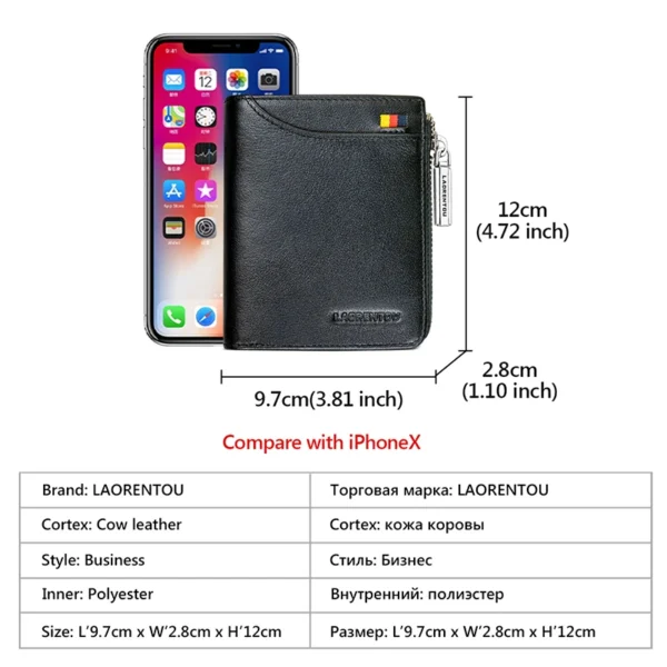 LAORENTOU Men Card Holders Coin Purse Genuine Leather Short Wallet Man Zipper Wallets Casual Standard Bussiness Wallets for Male - Image 3