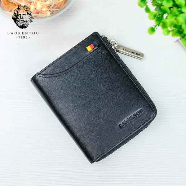 LAORENTOU Men Card Holders Coin Purse Genuine Leather Short Wallet Man Zipper Wallets Casual Standard Bussiness Wallets for Male - Image 2