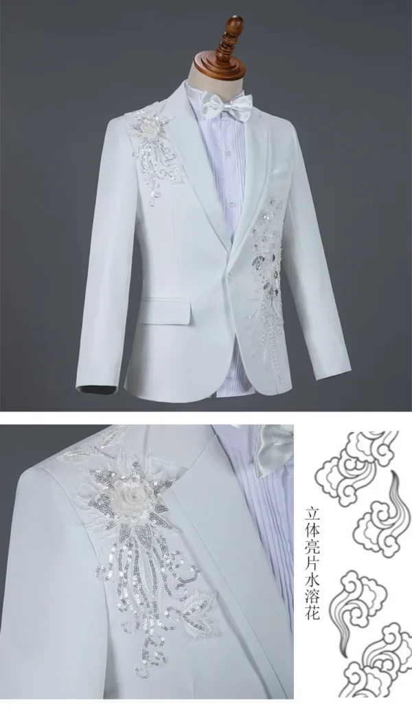 White Wedding Groom Suits Pants Men Slim Fit One Button Sequin Embroidery Tuxedo Suit Men Peak Lapel Stage Costume Traje Hombre - Image 3