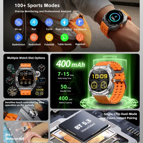 2025 Popular Wireless Bluetooth watch Men water proof TWS Earphones Dual Earphones Call Health Monitor Sports Music Smartwatch - Image 3