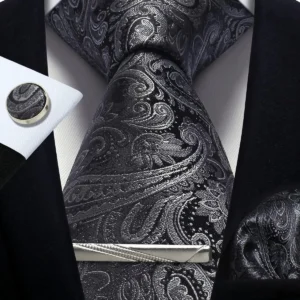 Mens Tie Set Silk Silver Paisley Floral Necktie and Pocket Square Cufflinks Tie Clip Classic Formal Ties for Men Wedding Party