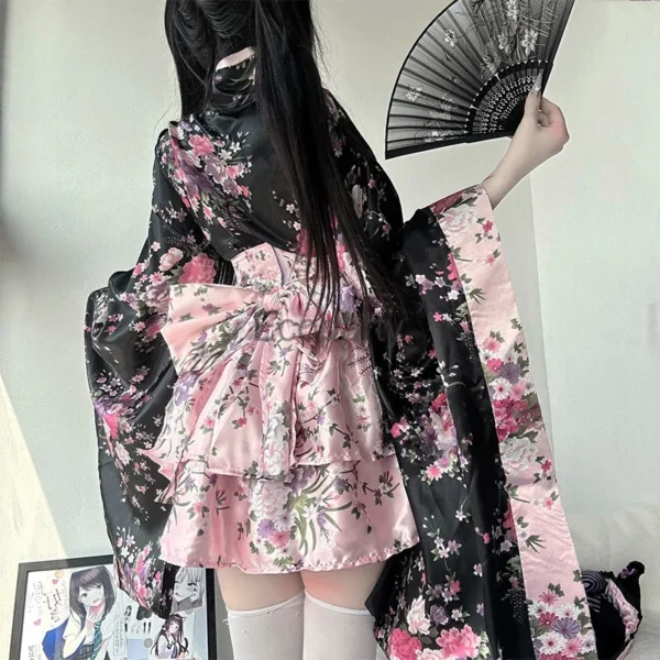 6pcs Traditional Japanese Kimono Robe Kawaii Pink Sakura Printed Bowknot Lolita Dress Halloween Party Geisha Cosplay Costumes - Image 6