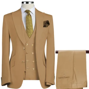 Lansboter Khaki Men's Suit Slim 3 Pieces Fit Business Banquet Dress Wedding Groom Suit Jacket Vest With Pants Costume Homme