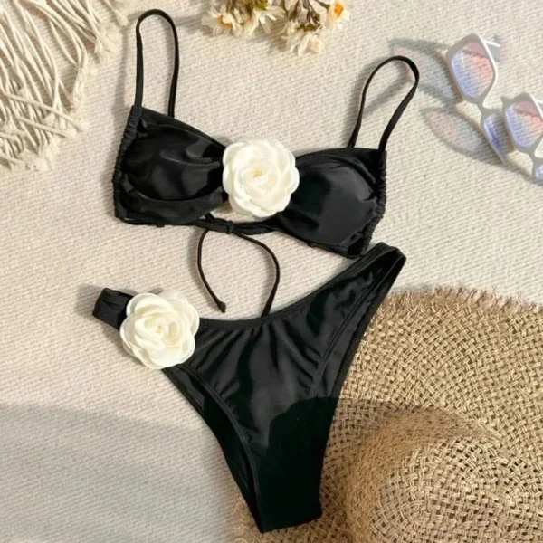 3D Flower Two Pieces Bikini Swimsuit for Women 2024 New Lace Up Swimwear Female Separate Bandeau Biquini Beach Bathing Suit - Image 2