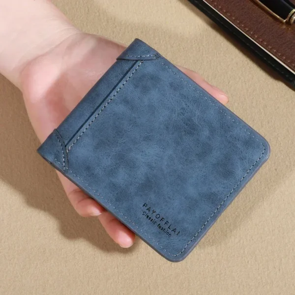 Vintage Matte PU Leather Mens Short Fashion Wallet Retro Blue Tri-fold with Multi-Card Slots Trendy Money Clip and Eyelet Detail - Image 3