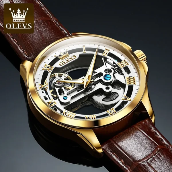 OLEVS Luxury Men Watches Automatic Mechanical Wristwatch Skeleton Design Waterproof Leather Strap Male Watch Reloj Hombre - Image 4
