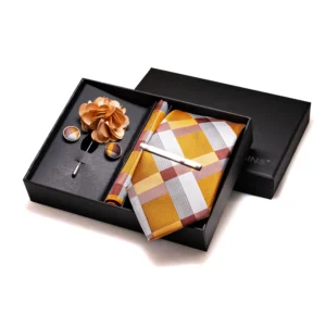 Orange Plaid Silk Wedding Tie For Men Hanky Cufflinks Luxury Gift Box Set Mens Necktie Fashion Business Party Gravat Accessories