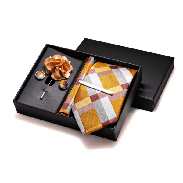 Orange Plaid Silk Wedding Tie For Men Hanky Cufflinks Luxury Gift Box Set Mens Necktie Fashion Business Party Gravat Accessories