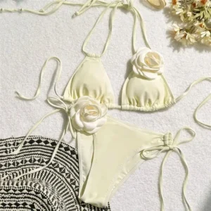 3D Flower Two Pieces Bikini Swimsuit for Women 2024 New Lace Up Swimwear Female Separate Bandeau Biquini Beach Bathing Suit