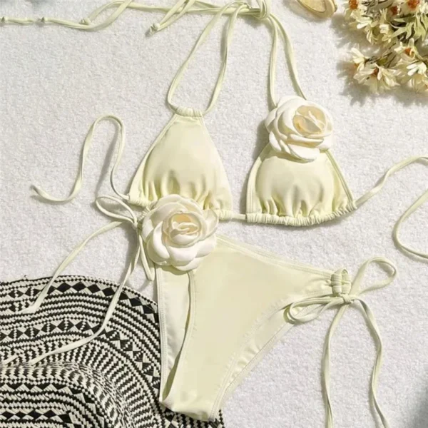 3D Flower Two Pieces Bikini Swimsuit for Women 2024 New Lace Up Swimwear Female Separate Bandeau Biquini Beach Bathing Suit