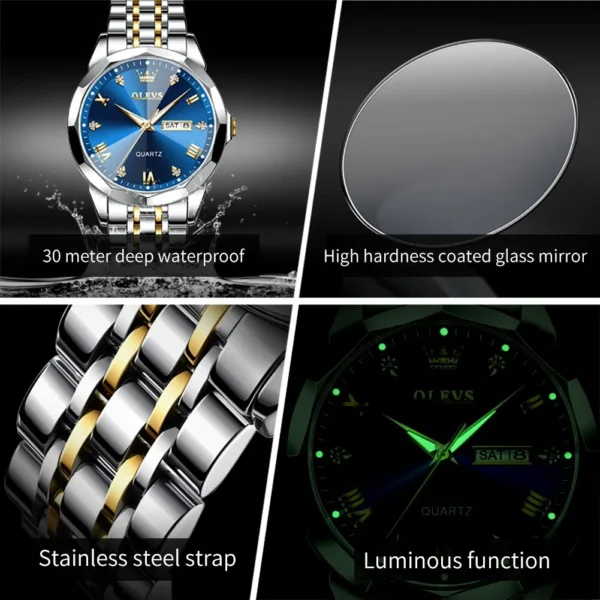 OLEVS Men's Watches Rhombus Mirror Original Quartz Watch for Man Waterproof Luminous Stainless Steel Wristwatch Male Date Week - Image 2
