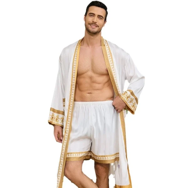 Spring Summer New Men Pajama 2PCS Robe Shorts Set Baroque Style Silky Kimono Bathrobe Gown Loose Home Clothing Loungewear - Image 2