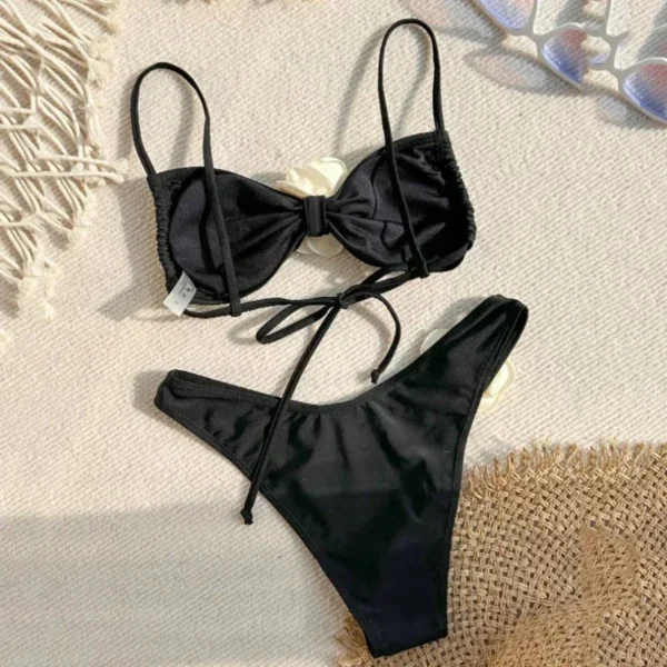 3D Flower Two Pieces Bikini Swimsuit for Women 2024 New Lace Up Swimwear Female Separate Bandeau Biquini Beach Bathing Suit - Image 3