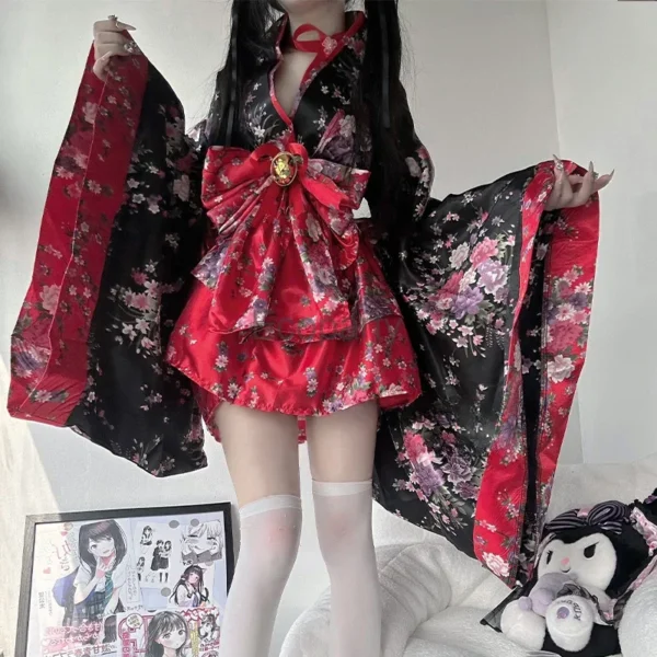 6pcs Traditional Japanese Kimono Robe Kawaii Pink Sakura Printed Bowknot Lolita Dress Halloween Party Geisha Cosplay Costumes - Image 3