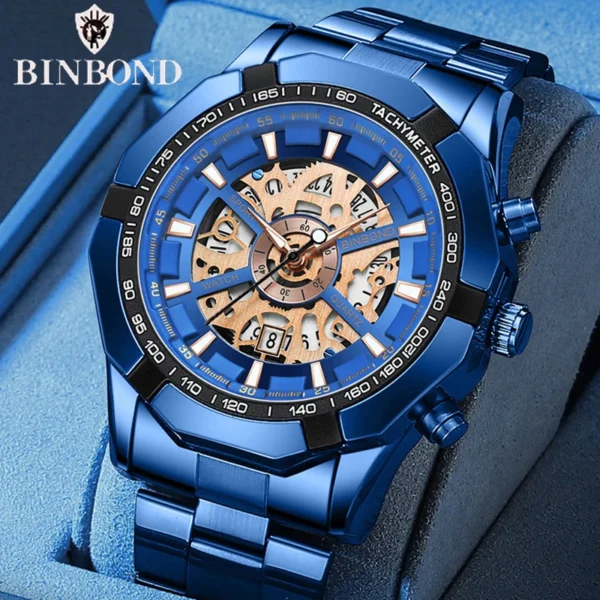 BINBOND Mens Quartz Watches Top Brand Luxury Stainless Steel Waterproof Hollow Out Blue Big Male Wristwatches Relogio Masculino - Image 2