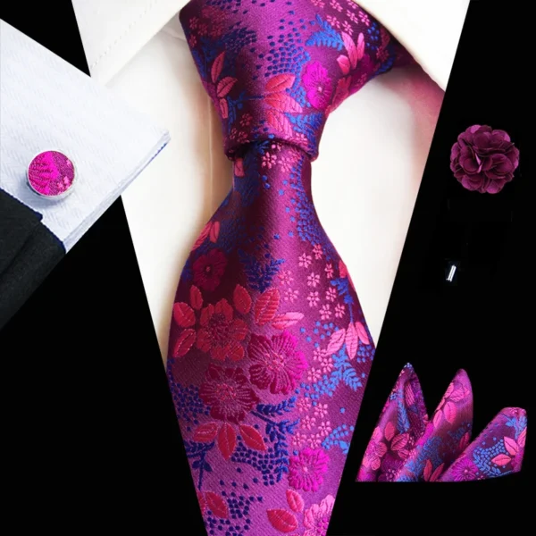 Floral Pink Silk Ties Set For Men Wedding Party Neck Tie Set Handkerchief Brooch Cufflinks Men Accessories High Quality Gravata - Image 2