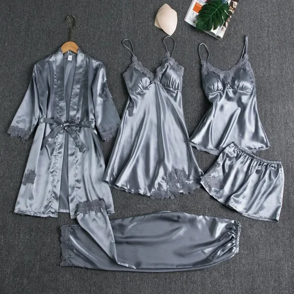 5 Pcs/Set Silk Robe Sleep Suit Womens Satin Pajamas Gown Set V-Neck Cami Nighties Wear Pijama Home Nightwear Spring Nightdress - Image 5