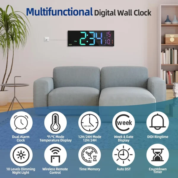 16.2'' Large Digital Wall Clock with Remote Control Big LED/Dual Alarm/8 RGB Colors Digital Alarm Clock Electronic Watch - Image 5