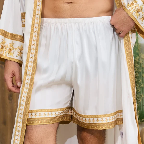 Spring Summer New Men Pajama 2PCS Robe Shorts Set Baroque Style Silky Kimono Bathrobe Gown Loose Home Clothing Loungewear - Image 6