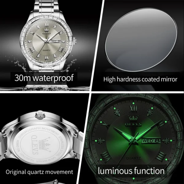 OLEVS 9906 Square Diamond Men's Quartz Watch Stainless Steel Strap Waterproof Dual Calendar Luxury Original Business Wristwatch - Image 6