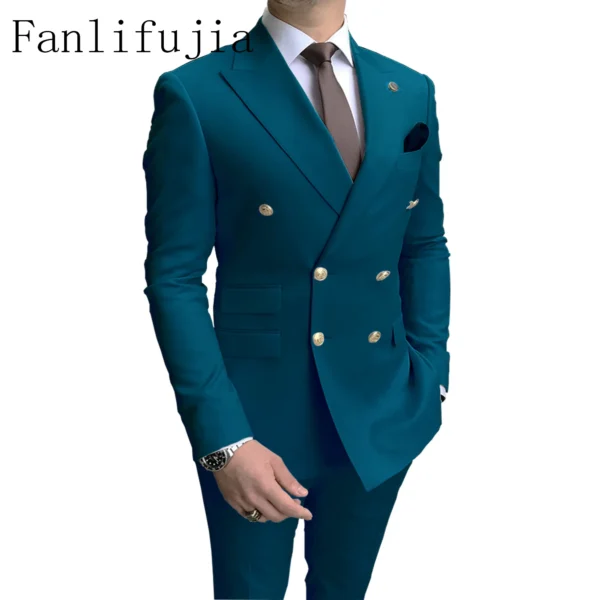 Fanlifujia Store 2024 Casual Sky Blue Men Suits Double Brested Peak Lapel Gold Button Groom Wedding Tuxedos Best Costume Homme - Image 5