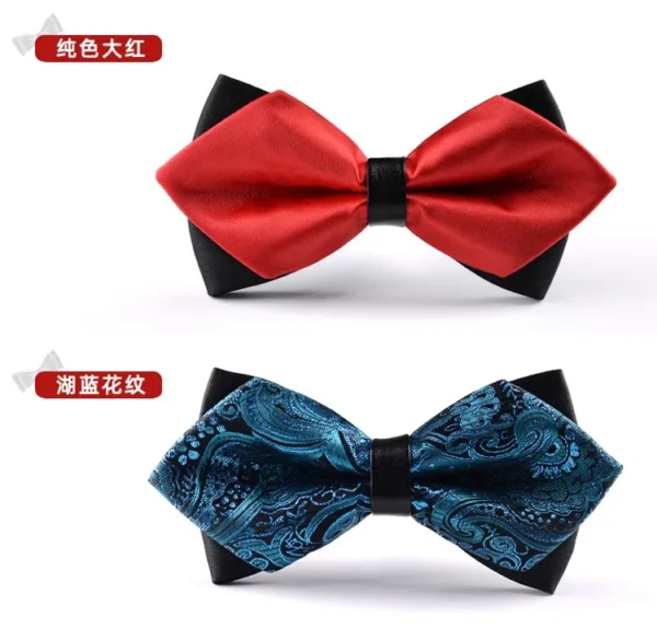 British double striped bow tie men's formal business bridegroom's wedding wine red leather bag heart sharp corner bow tie - Image 2