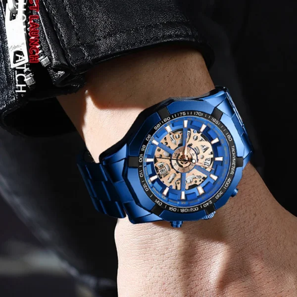 BINBOND Mens Quartz Watches Top Brand Luxury Stainless Steel Waterproof Hollow Out Blue Big Male Wristwatches Relogio Masculino - Image 3