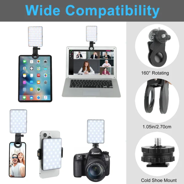 Selfie Light with Front & Back Phone Clip, 72 LED Rechargeable Video Light for Phone iPhone iPad Laptop Camera - Image 4