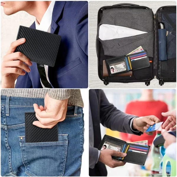 Slim Minimalist Tri-Fold Wallet Carbon Fiber RFID Blocking Men's Wallet With ID Window and 9 Card Slots - Image 6