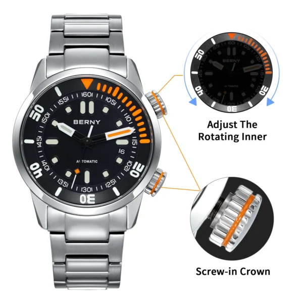BERNY Automatic Dive Watch for Men Super Luminous Original Design 20ATM Diver Wristwatch Sapphire, Local Warehouse Fast Delivery - Image 5
