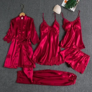5 Pcs/Set Silk Robe Sleep Suit Womens Satin Pajamas Gown Set V-Neck Cami Nighties Wear Pijama Home Nightwear Spring Nightdress