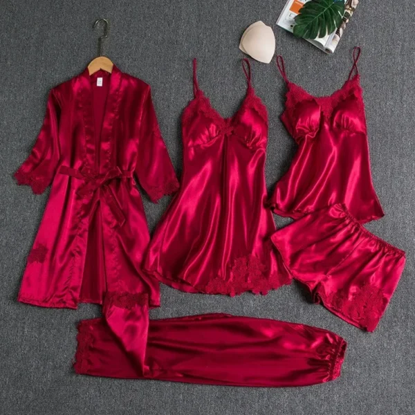 5 Pcs/Set Silk Robe Sleep Suit Womens Satin Pajamas Gown Set V-Neck Cami Nighties Wear Pijama Home Nightwear Spring Nightdress