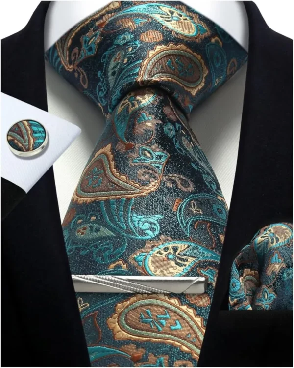 Mens Tie Set Silk Silver Paisley Floral Necktie and Pocket Square Cufflinks Tie Clip Classic Formal Ties for Men Wedding Party - Image 3