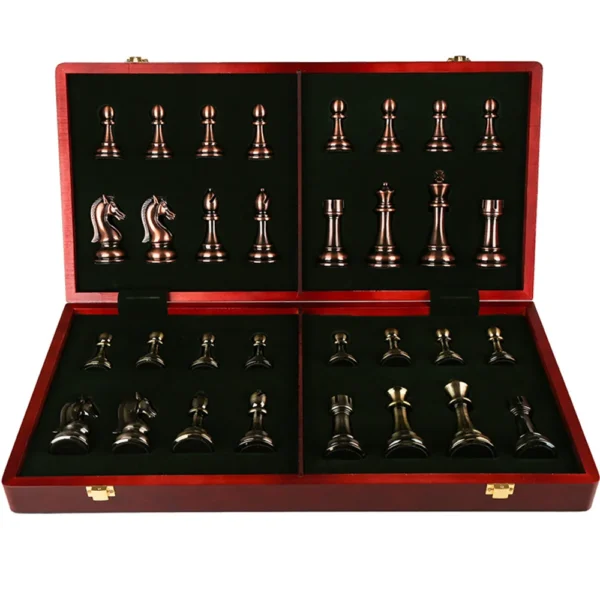 Wooden Chess Board Games for Children, Bronze Metal Pieces Set, Folding Family Board, High Grade, Luxury Checkerboard - Image 5