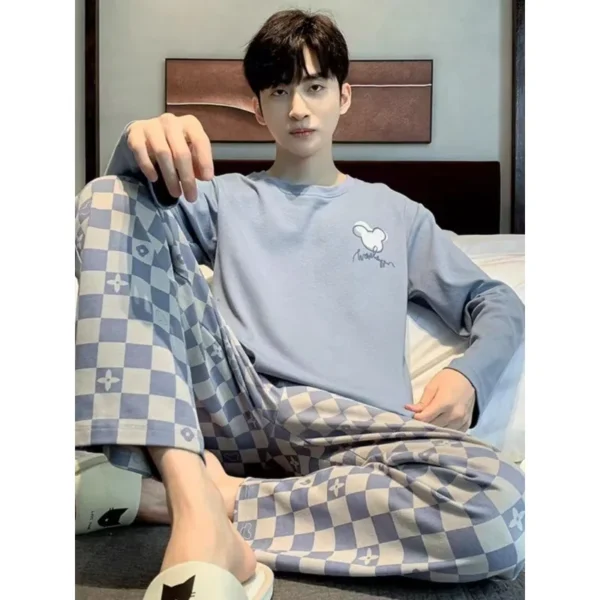 Plus Size Men Pajamas Set Spring and Summer Plaid Solid Color Student Sleepwear Homewear Tops and Pants Nightwear Loungewear - Image 2