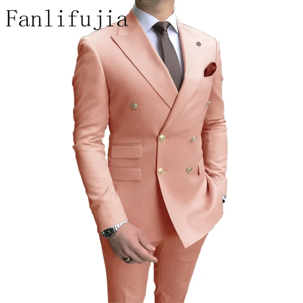Fanlifujia Store 2024 Casual Sky Blue Men Suits Double Brested Peak Lapel Gold Button Groom Wedding Tuxedos Best Costume Homme - Image 4