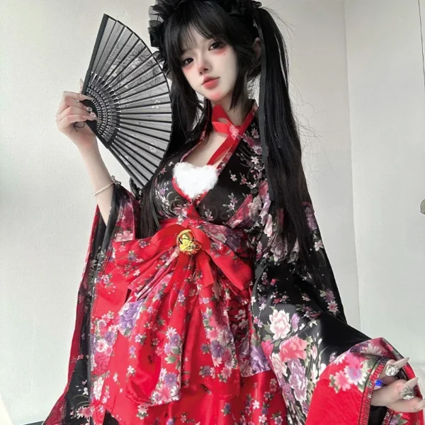 6pcs Traditional Japanese Kimono Robe Kawaii Pink Sakura Printed Bowknot Lolita Dress Halloween Party Geisha Cosplay Costumes - Image 2