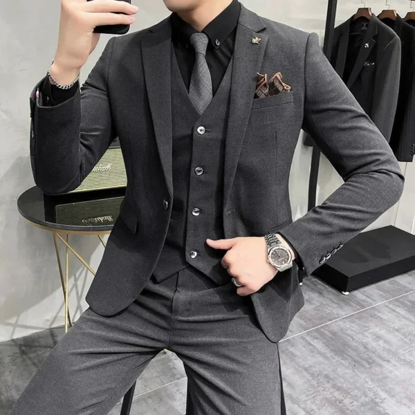 ( Jacket + Vest + Pants ) High-end Brand Boutique Fashion Solid Color Mens Casual Business Suit 3Piece Set Groom Wedding Dress - Image 2