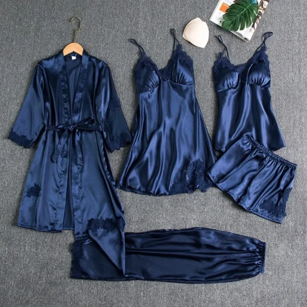 5 Pcs/Set Silk Robe Sleep Suit Womens Satin Pajamas Gown Set V-Neck Cami Nighties Wear Pijama Home Nightwear Spring Nightdress - Image 2