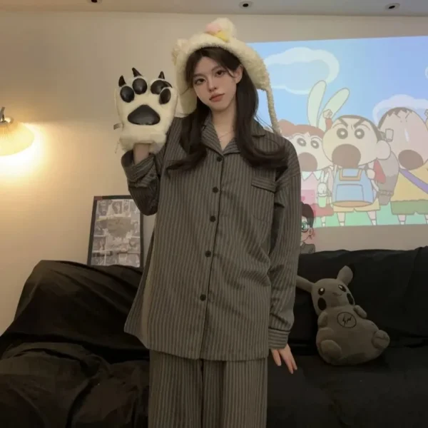 Couple Pajamas for Men Striped Sleepwear Korean Sleeping Night Wear Button Pijama 2 Pcs Pants Sets Autumn Pocket Home Suit 2024 - Image 4