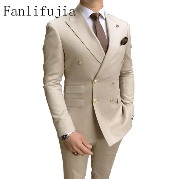 Fanlifujia Store 2024 Casual Sky Blue Men Suits Double Brested Peak Lapel Gold Button Groom Wedding Tuxedos Best Costume Homme - Image 2
