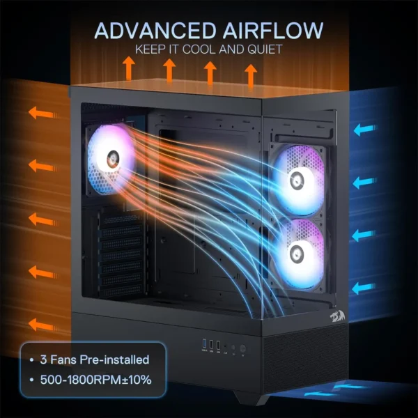 Redragon CA606 Gaming Back-Mounted ATX Computer Chassis,3 x 120mm Fans Pre-Installed 270° Full View PC Case, - Image 4