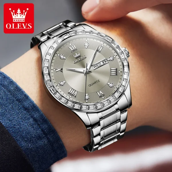 OLEVS 9906 Square Diamond Men's Quartz Watch Stainless Steel Strap Waterproof Dual Calendar Luxury Original Business Wristwatch - Image 4