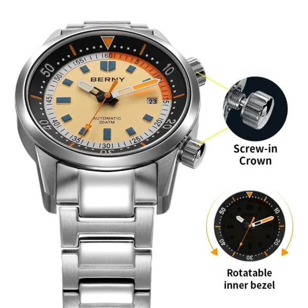 BERNY Automatic Diving Watches for Men 20AMT Super Luminous Mechanical Men's Diver Watch Sapphire Full Stainless Steel Dive - Image 3