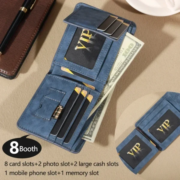 Vintage Matte PU Leather Mens Short Fashion Wallet Retro Blue Tri-fold with Multi-Card Slots Trendy Money Clip and Eyelet Detail - Image 2