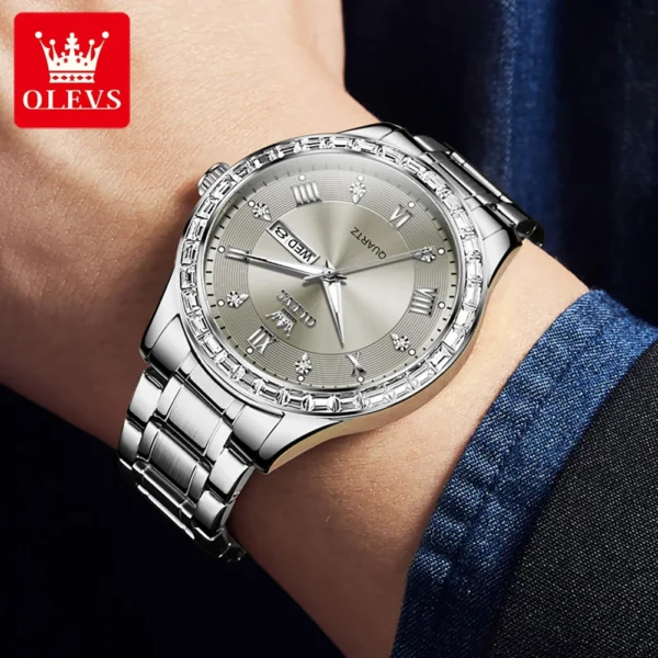OLEVS 9906 Square Diamond Men's Quartz Watch Stainless Steel Strap Waterproof Dual Calendar Luxury Original Business Wristwatch - Image 5