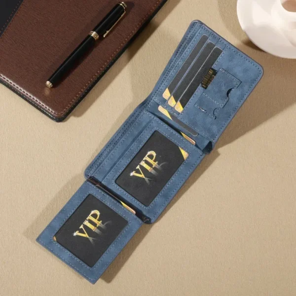 Vintage Matte PU Leather Mens Short Fashion Wallet Retro Blue Tri-fold with Multi-Card Slots Trendy Money Clip and Eyelet Detail - Image 5