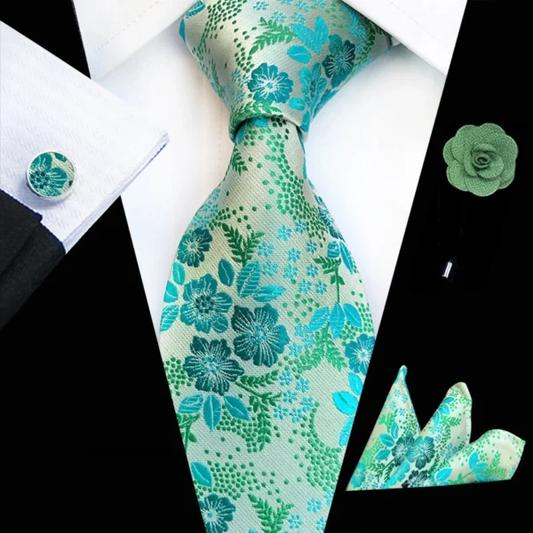 Floral Pink Silk Ties Set For Men Wedding Party Neck Tie Set Handkerchief Brooch Cufflinks Men Accessories High Quality Gravata - Image 3