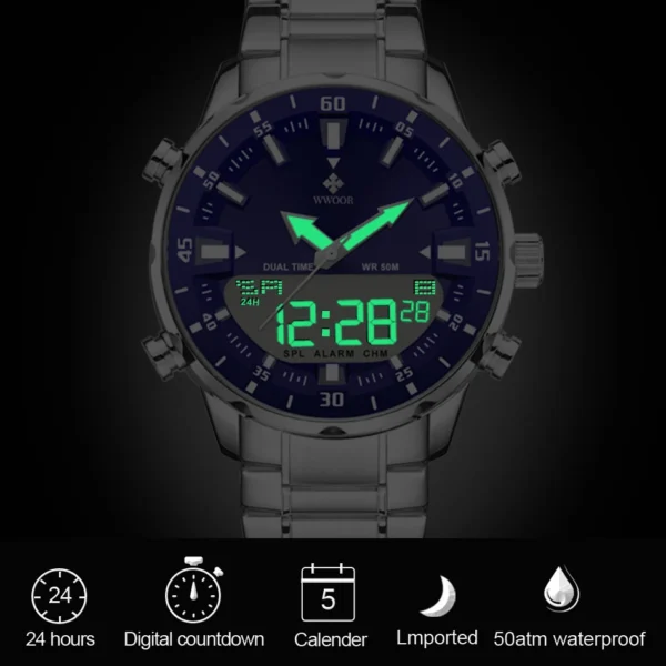 WWOOR Fashion Men's Watches Luxury Original Quartz Digital Analog Sport Military Wrist Watch For Man Waterproof Steel Clock Box - Image 3